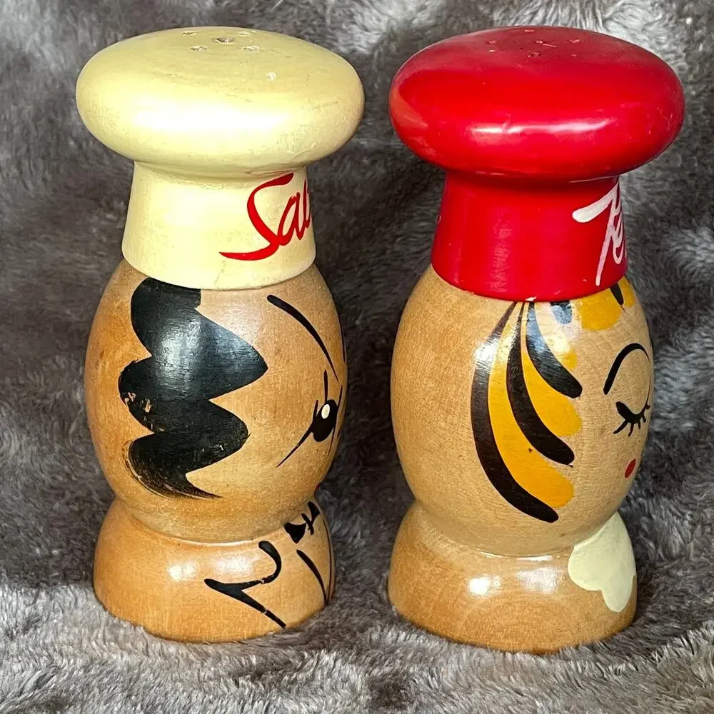 Vintage Salty & Peppy Wooden Salt & Pepper Shakers Japan MCM Hand Painted